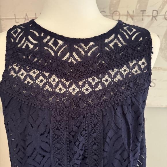 Jolt Lace Shift Dress Womens XL Navy Sleeveless Crochet Overlay Lined Keyhole - Picture 2 of 8